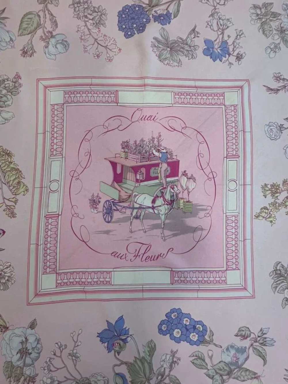 Hermes Silk Scarf Carré 90 Pink Floral Hand Rolled Made in France